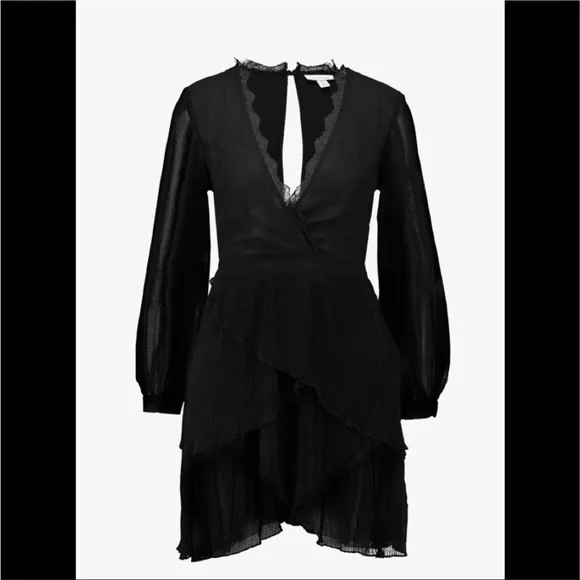 Topshop Mini Dress Size 4 Sheer Black Long Sleeve V-Neck Pleated Tiered NWT! $75 - Picture 12 of 16